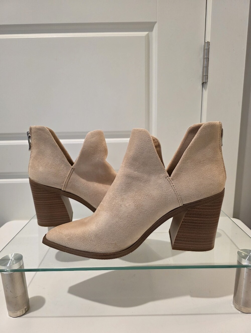 Women's Beige Suede Block Heel Ankle Booties